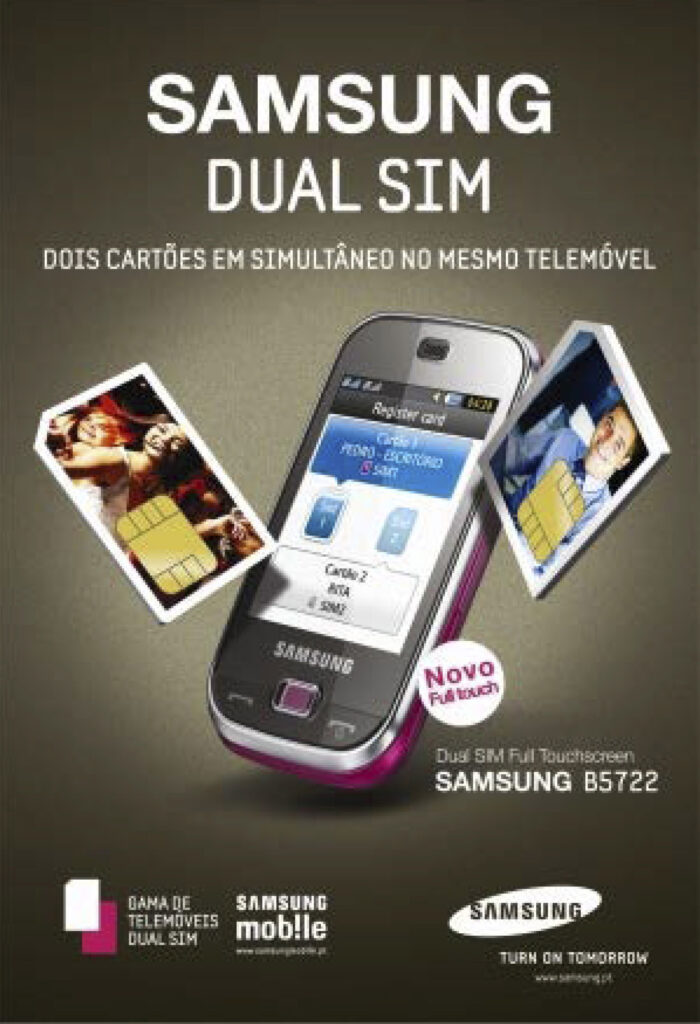 publicidade samsung dual sim "dois cartões em simultâneo no mesmo telemóvel", fotografia de celular com dois chips em tamanho aumentado