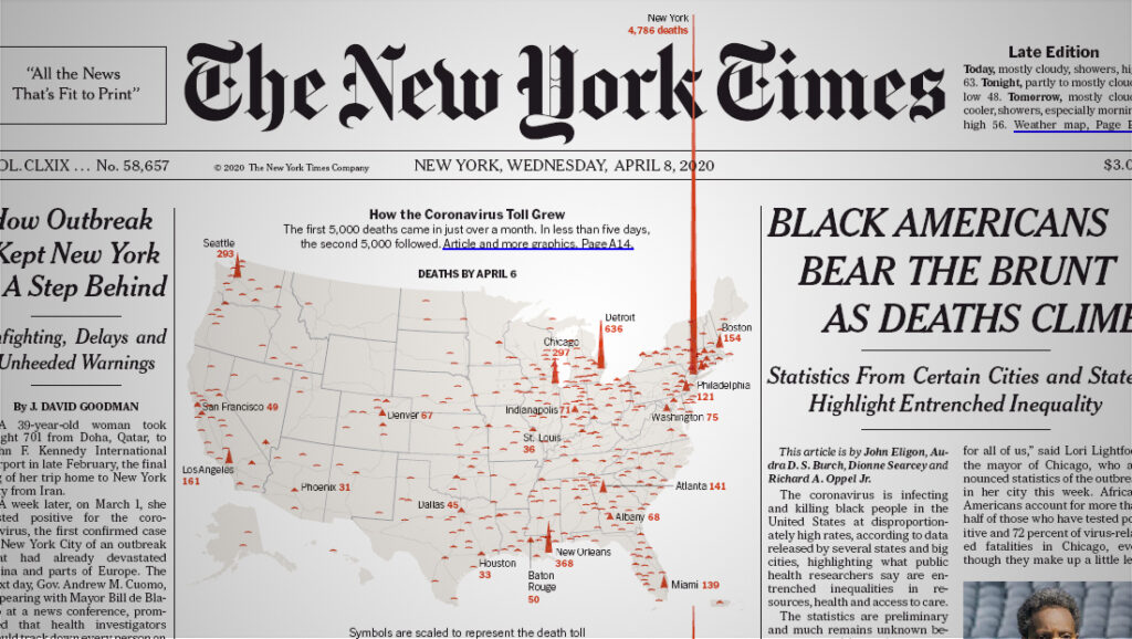 Primeira página de jornal The New York Times. Infográfico com mapa dos Estados Unidos e colunas triangulas. Título:  "How the Coronavirus Toll Grew". Coluna com rótulo "New York 4.786 deaths" é muito mais alta que as demais e atravessa o cabeçalho do jornal.